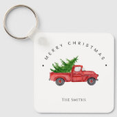 Rustieke rode Waterverf truck met kerstboom Sleutelhanger (Voorkant)
