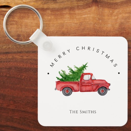 Rustieke rode Waterverf truck met kerstboom Sleutelhanger (Voorkant)