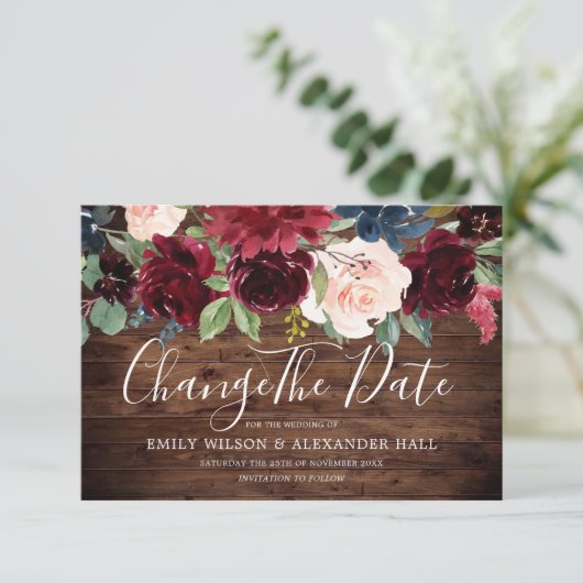 Rustieke rode wijn bordeaux bloemen wijziging van  save the date (Staand voorkant)