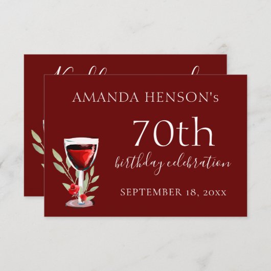Rustieke rode wijn glas 70e verjaardag partij RSVP kaartje (Voorkant / Achterkant)