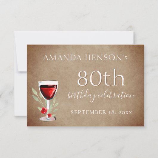 Rustieke rode wijn glas 80ste verjaardag partij RSVP kaartje (Voorkant)