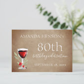 Rustieke rode wijn glas 80ste verjaardag partij RSVP kaartje (Staand voorkant)