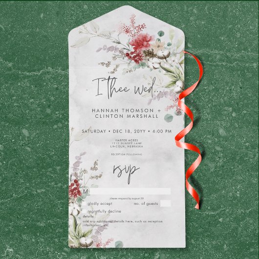 Rustieke rode winterbessen & Boho katoen geen dine All In One Uitnodiging