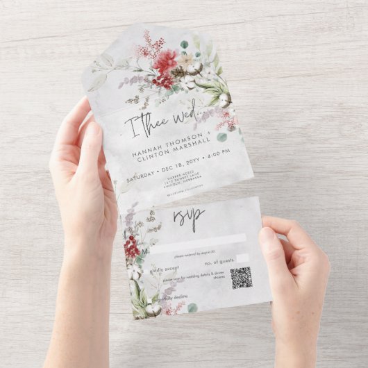 Rustieke rode winterbessen & Boho katoen QR-code All In One Uitnodiging (Afscheurbaar)