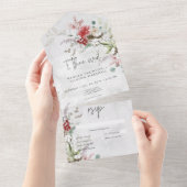 Rustieke rode winterbessen & Boho katoenen diner All In One Uitnodiging (Afscheurbaar)