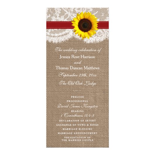 Rustieke Rode Zonnebloem Wedding Programma (Voorkant)
