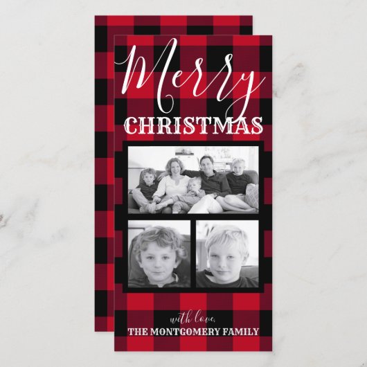 Rustieke rode zwarte Buffalo geruite Kerst 3 foto' Feestdagenkaart (Voorkant / Achterkant)