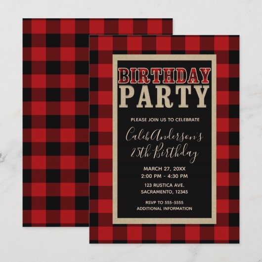 Rustieke Rode Zwarte Buffalo Plaid Verjaardagsfees Kaart (Voorkant / Achterkant)