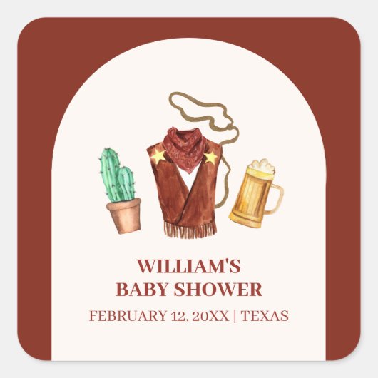 Rustieke Rodeo Cowboy Cactus Bierboog Baby shower Vierkante Sticker (Voorkant)
