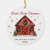 Rustieke Rodeo Red Barn Kerstmis Keramisch Ornament (Voorkant)
