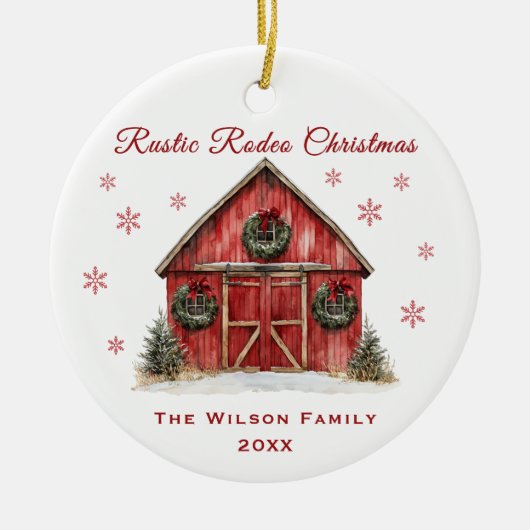 Rustieke Rodeo Red Barn Kerstmis Keramisch Ornament (Voorkant)