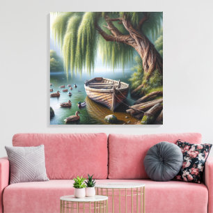 Rustieke roeiboot onder een wilgenboom canvas afdruk