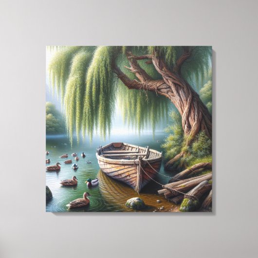 Rustieke roeiboot onder een wilgenboom canvas afdruk (Voorkant)