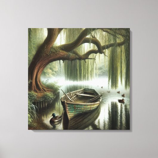 Rustieke roeiboot onder een wilgenboom canvas afdruk (Voorkant)