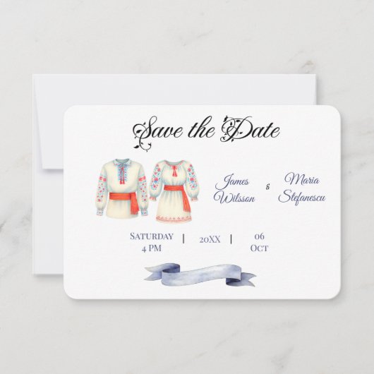 Rustieke Roemeense bruiloft traditionele folk kost Save The Date (Voorkant)