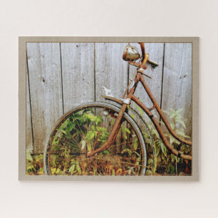 Rustieke Roestige Fiets Houten Schutting Fotografi Legpuzzel