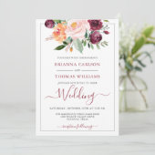 Rustieke Romance Bourgondië en Roze Bloemen Huweli Kaart (Staand voorkant)