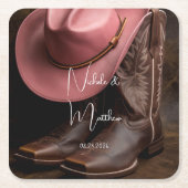 Rustieke Romance: Cowboy Boots & Roos Pet Wedding Kartonnen Onderzetters (Voorkant)