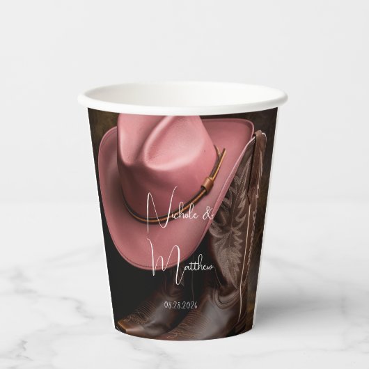Rustieke Romance: Cowboy Boots & Roos Pet Wedding Papieren Bekers (Voorkant)
