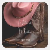 Rustieke Romance: Cowboy Boots & Roos Pet Wedding Vierkante Sticker (Voorkant)