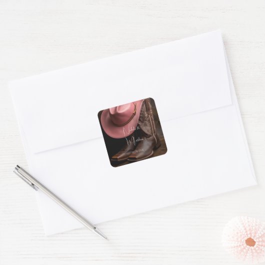 Rustieke Romance: Cowboy Boots & Roos Pet Wedding Vierkante Sticker (Envelop)