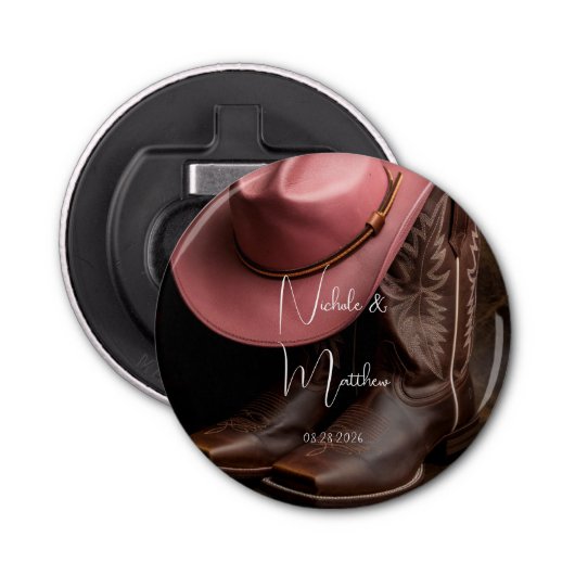 Rustieke Romance huwelijkscadeau Button Flesopener (Voorkant)