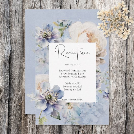 Rustieke Romantische Dusty Blue White Floral Recep Informatiekaartje