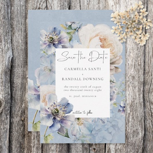 Rustieke Romantische Dusty Blue & White Floral Save The Date