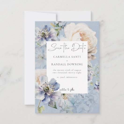 Rustieke Romantische Dusty Blue & White Floral Save The Date (Voorkant)