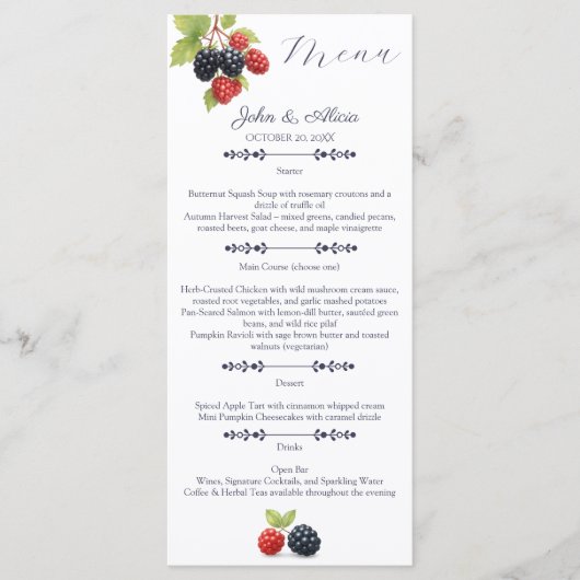 Rustieke Romantische Herfst Tuin Berry Wedding Menu (Voorkant)