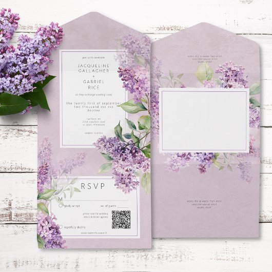 Rustieke Romantische Paarse & Sage Lilacs QR Code All In One Uitnodiging