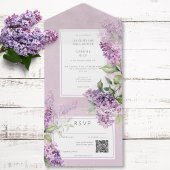 Rustieke Romantische Paarse & Sage Lilacs QR Code All In One Uitnodiging