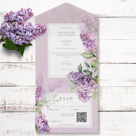Rustieke Romantische Paarse & Sage Lilacs QR Code All In One Uitnodiging
