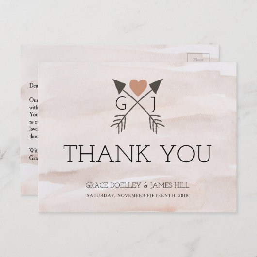 Rustieke Romantische Pijl en Hart Trouwen Dank U Briefkaart (Voorkant / Achterkant)