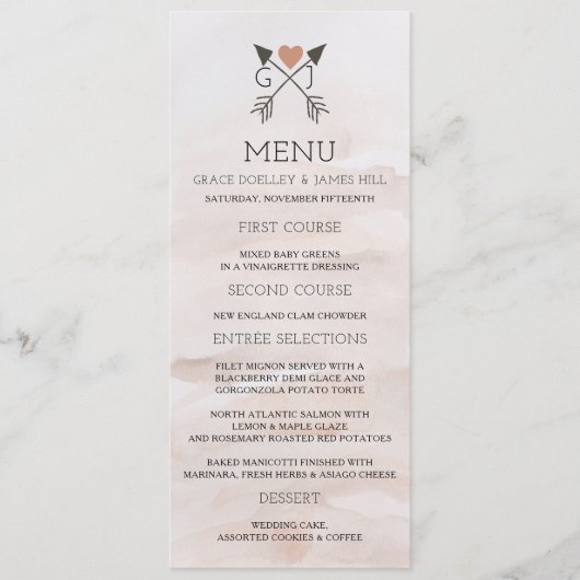 Rustieke romantische pijlen en hart bruiloft Menu (Voorkant)