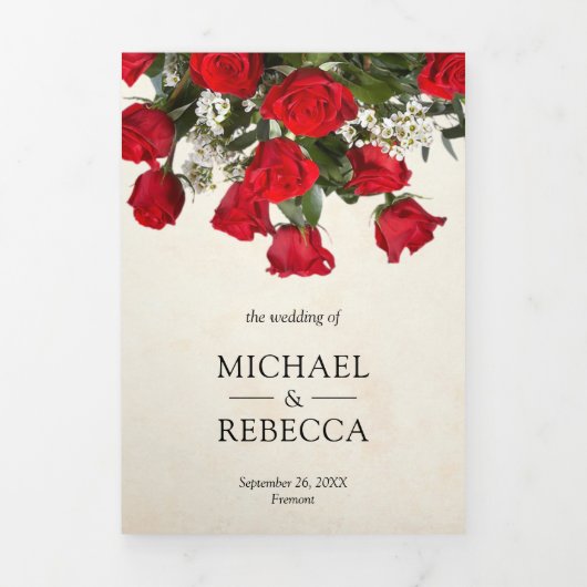 Rustieke Romantische Rode Rozen Boeket Foto Bruilo Drieluik Uitnodiging (Cover)
