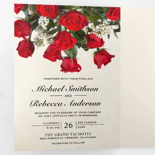 Rustieke Romantische Rode Rozen Boeket Foto Bruilo Drieluik Uitnodiging (Binnenzijde eerst)