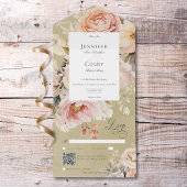 Rustieke Romantische Roze & Blush Rozen Groene QR All In One Uitnodiging