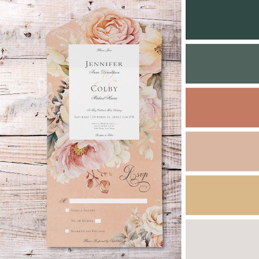 Rustieke Romantische Roze & Blush Rozen Peach Geen All In One Uitnodiging