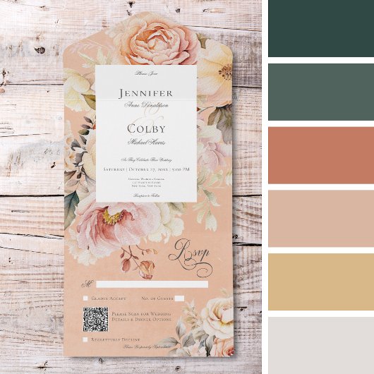 Rustieke Romantische Roze & Blush Rozen Peach QR-c All In One Uitnodiging