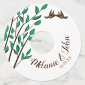 Rustieke romantische vogel boom groen koppels naam wijnglaslabel (Voorkant)