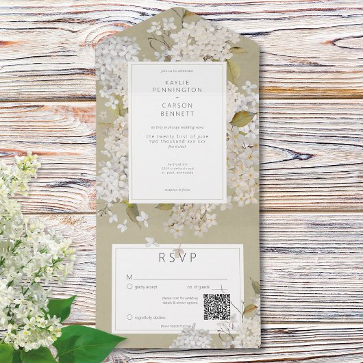 Rustieke Romantische Witte Lilacs op Sage QR Code All In One Uitnodiging