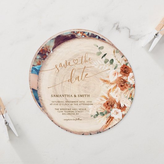 Rustieke Ronde Hout Gesneden Graan Save the Date K Kaart (Voorkant / Achterkant in situ)