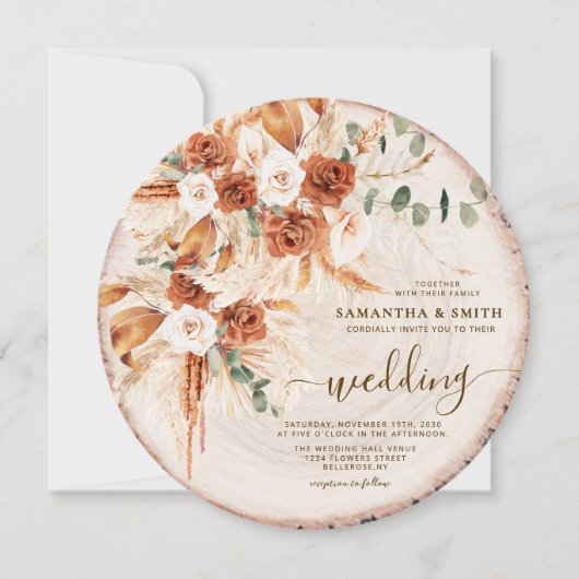 Rustieke Ronde Hout Gesneden Graan Wedding Kaart (Voorkant)