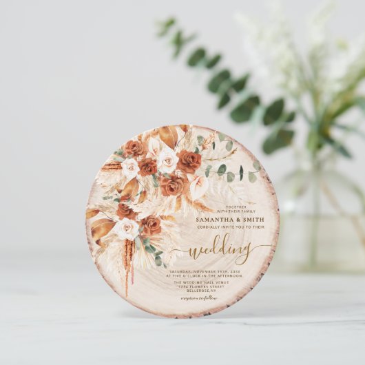 Rustieke Ronde Hout Gesneden Graan Wedding Kaart (Staand voorkant)