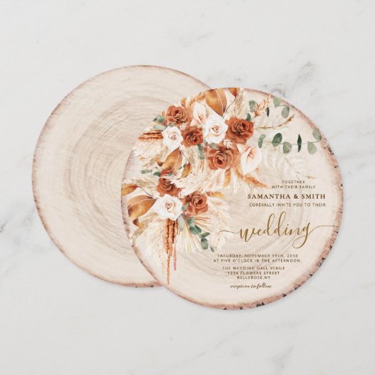 Rustieke Ronde Hout Gesneden Graan Wedding Kaart (Voorkant / Achterkant)