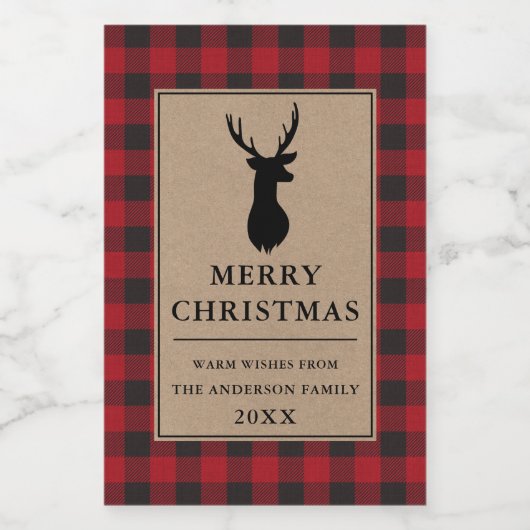 Rustieke Rood Plaid Merry Christmas Kraft Mini Wijn Etiket (Enkel label)