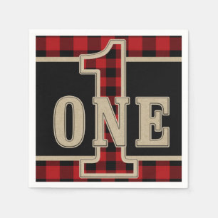Rustieke Rood-Zwarte Buffalo Plaid 1e Verjaardagsf Servet