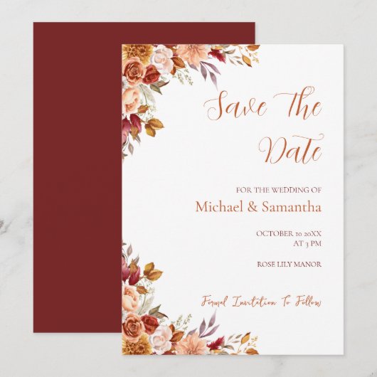 Rustieke Roos en Chrysanthemum Herfst Bruiloft Save The Date (Voorkant / Achterkant)