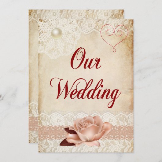 Rustieke Roos en kant bruiloft uitnodiging (Voorkant / Achterkant)